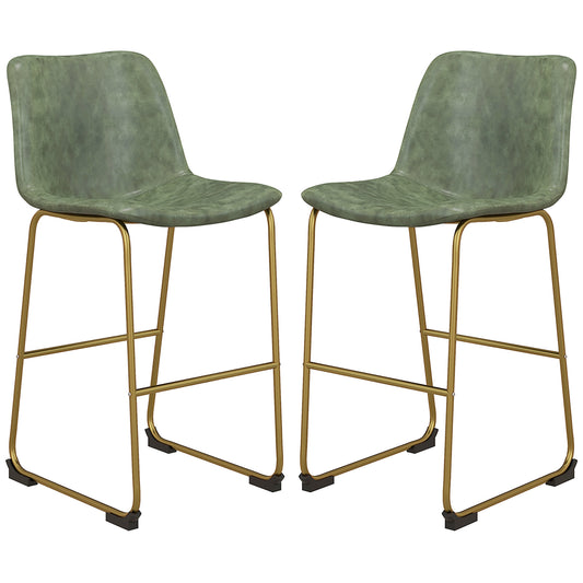 Bar Height Stools Set of 2, PU Leather Upholstered Stools for Kitchen Island, Modern Bar Chairs, Dark Green - Gallery Canada