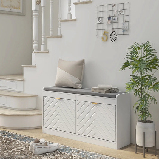 Shoe Storage with Seat, Upholstered Hallway Bench, Shoe Bench with 2 Flip Drawers and 4 Vents for 8 Pairs of Shoes Shoe Storage Cabinets & Racks White at Gallery Canada