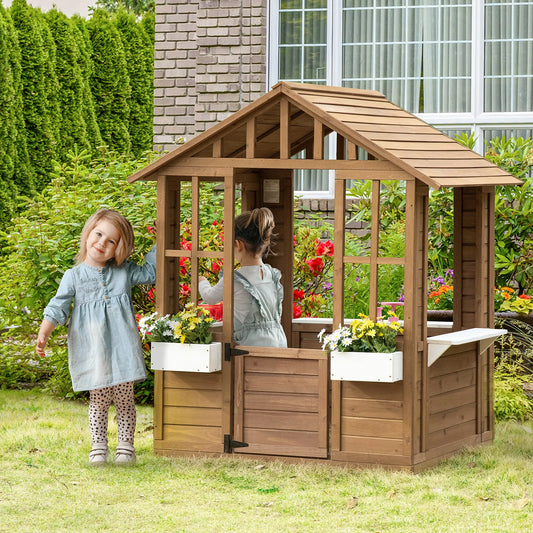 Kids Wooden Playhouse, Outdoor Cottage with Flower Pot Holder, Brown Play Houses Brown at Gallery Canada