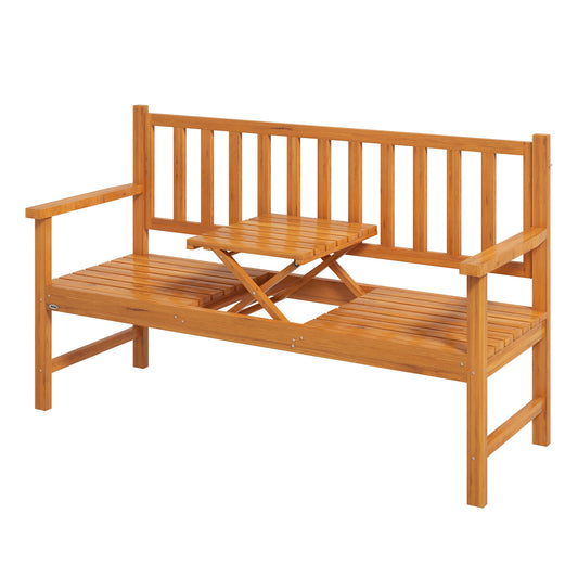 Wooden Bench with Liftable Middle Table, Outdoor Bench, Patio Loveseat for Porch, Backyard, Seats 2-3 People
