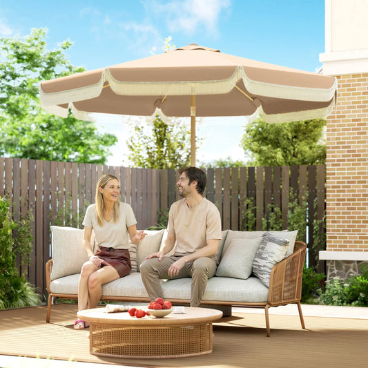 9 ft Patio Umbrella, Push Button Tilt Crank, Fringed Outdoor Market Table, Khaki Sun Umbrellas Khaki at Gallery Canada