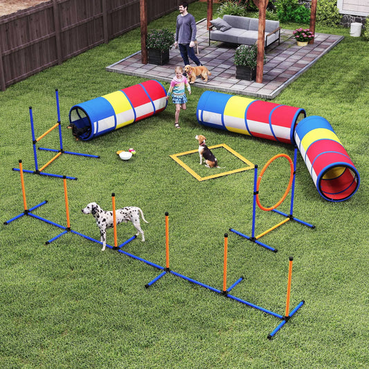 Dog Agility Training Equipment, 11-Piece Obstacle Course, Adjustable Hurdle, Ring, Tunnels, Weave Poles Dog Agility Training Equipment Blue, Yellow, Red, White, Orange at Gallery Canada