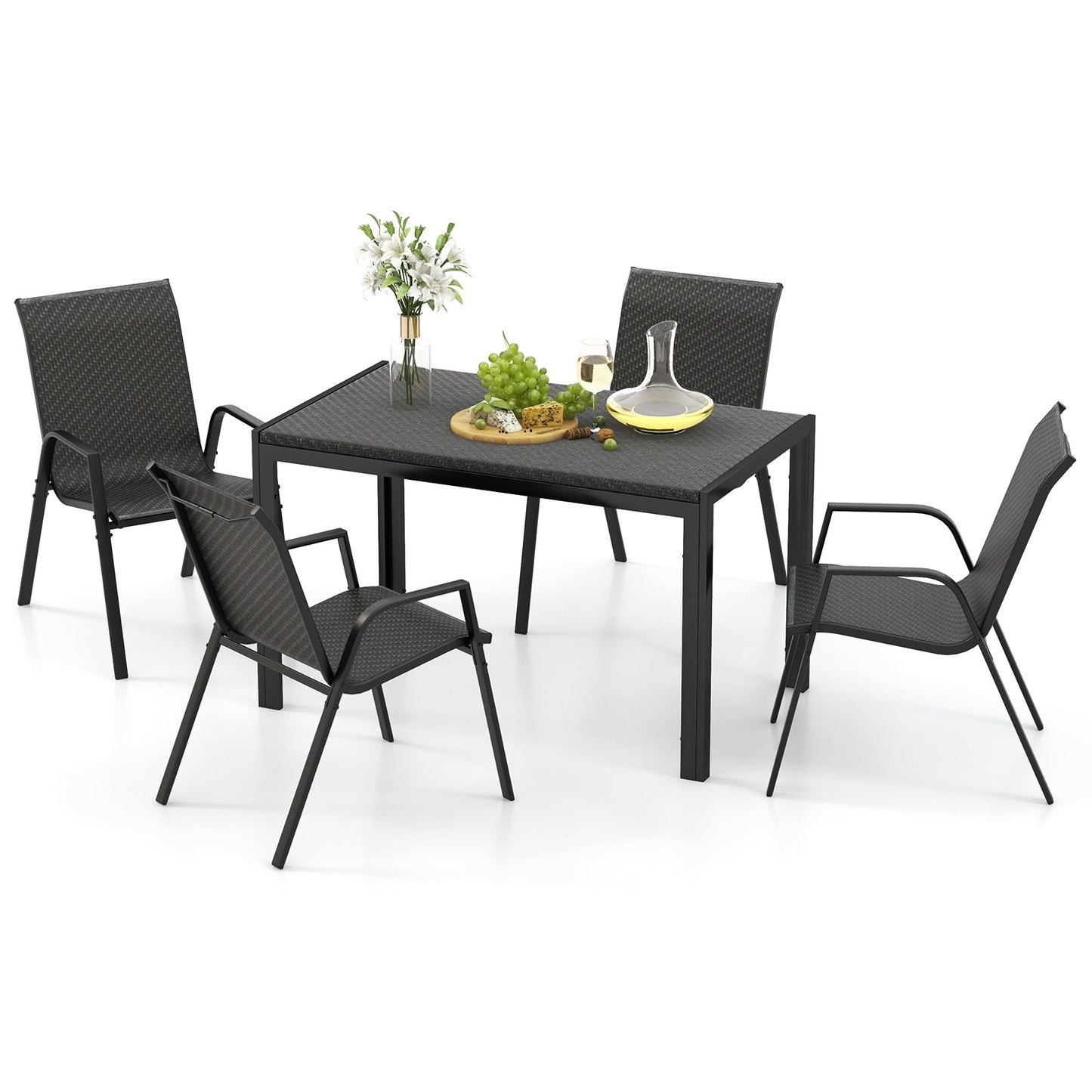 5 Piece Patio Rattan Dining Set with Heavy-Duty Metal Frame, Brown