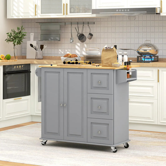 Kitchen Island on Wheels, Drop Leaf Cart with Drawers, Grey Kitchen Islands & Kitchen Carts Grey, Natural at Gallery Canada