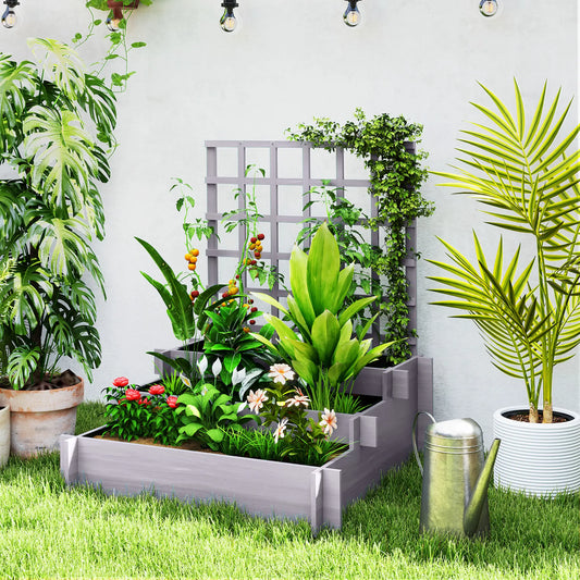 Wooden Elevated Planter Box with Trellis, 3 Tier Raised Garden Bed, Grey Raised Garden Beds Grey at Gallery Canada