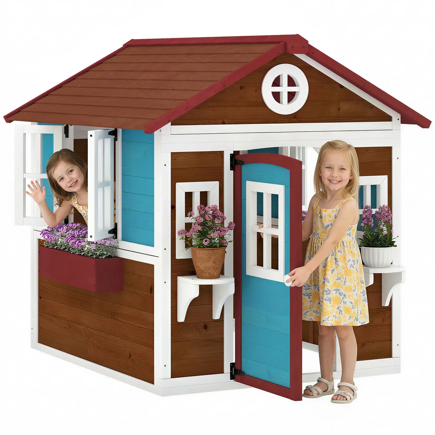 Wooden Playhouse for Kids Outdoor with Door, Windows, Planter Pots and Boxes for Toddlers 3-8 Years, Beige Play Houses at Gallery Canada