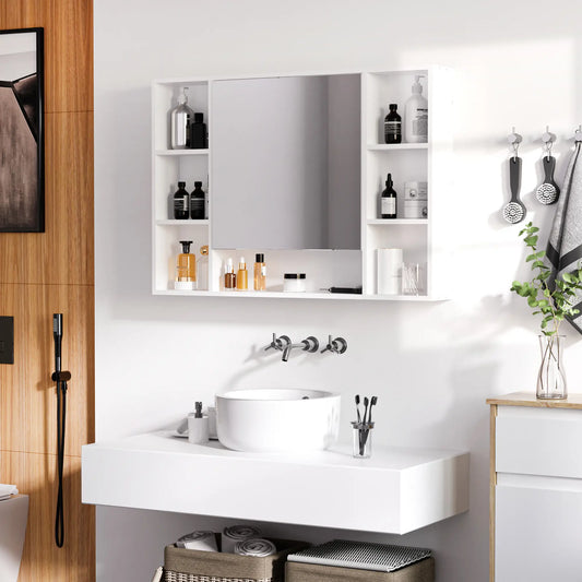 Wall Mounted Medicine Cabinet, 39.25"W x 27.5"H Bathroom Mirror Cabinet with Single Mirrored Door, Shelves and Storage Cupboard, White Mirror Medicine Cabinets White at Gallery Canada