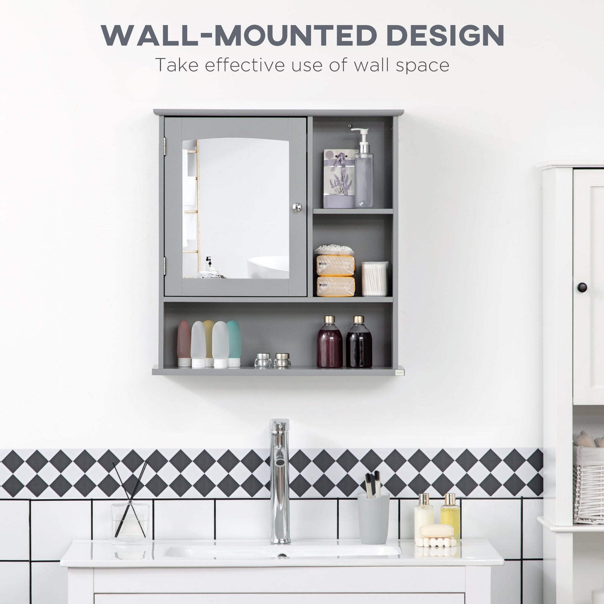 Wall-Mounted Medicine Cabinet, Bathroom Mirror Cabinet with Doors and Storage Shelves, Grey at Gallery Canada