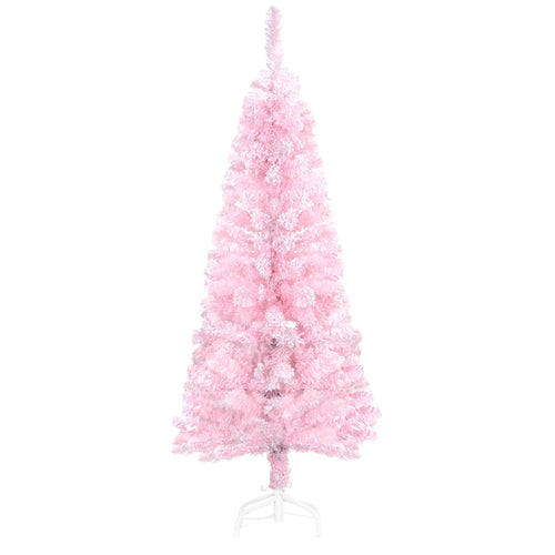 4 ft Flocked Pencil Christmas Tree, Realistic Branches, Auto Open, Steel Base, Pink