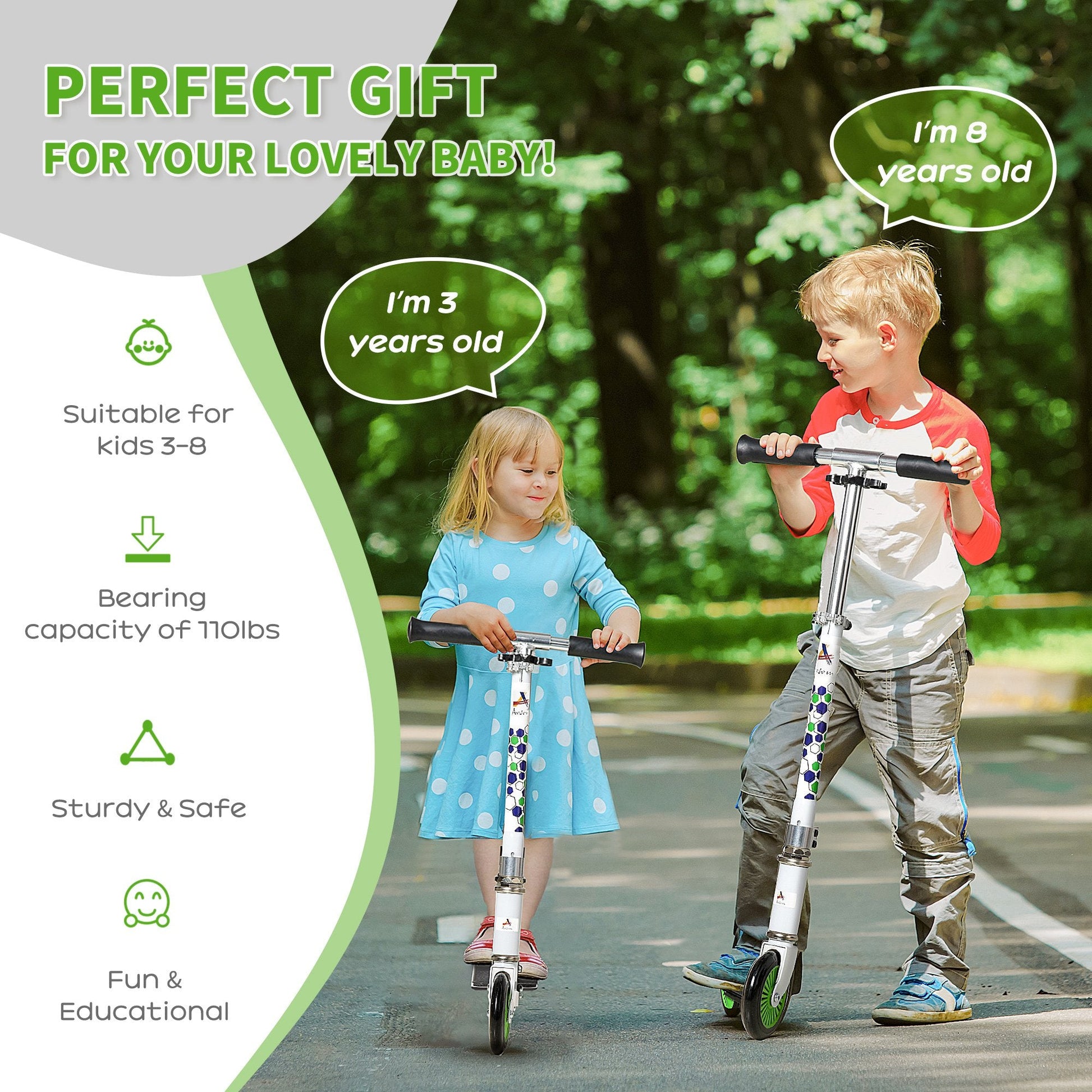 Youth Kick Scooter One-Click Foldable Teens Ride On Toy with Adjustable Handlebar Rear Brake for Boys and Girls Aluminium White at Gallery Canada