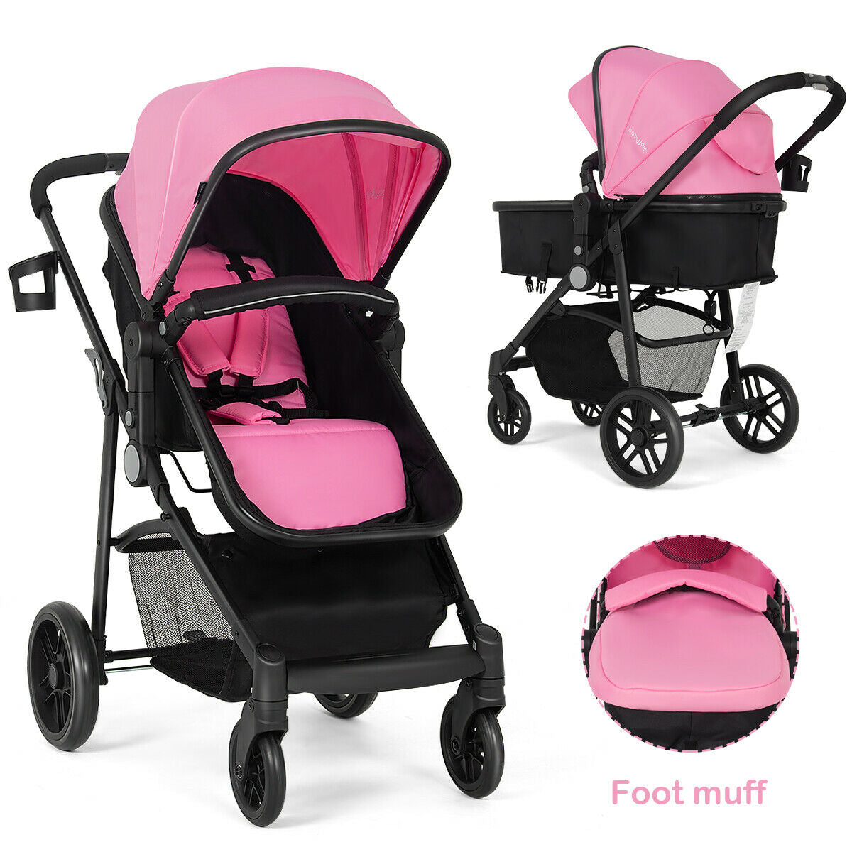 2 In 1 Foldable Newborn Baby Stroller, Pink