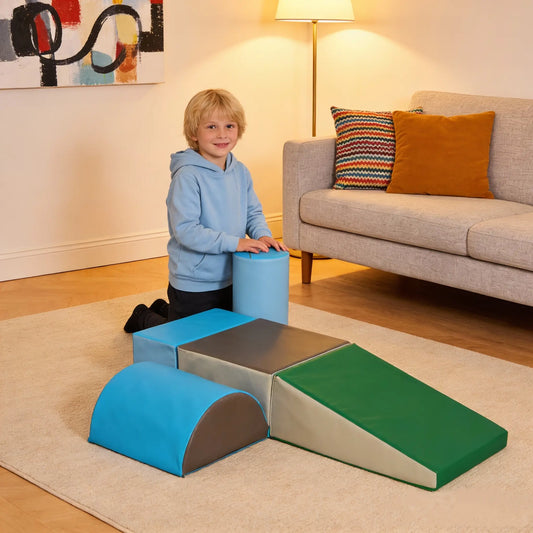 5 Piece Climb and Crawl Activity Playset Soft Safe Foam for Toddler Learning Toy Baby Gym & Playmats Green, Blue, Grey at Gallery Canada