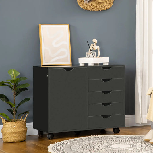 5-Drawer Lateral Filing Cabinet with Door, Adjustable Shelf, Wheels, Black Storage Cabinets Black at Gallery Canada