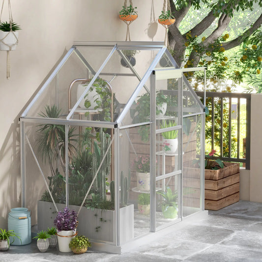 6' x 4' Walk-In Greenhouse, Polycarbonate, Sliding Door, Window, Aluminium Frame, Silver