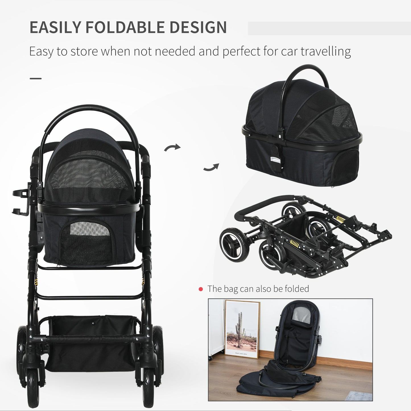 4 Wheels Pet Stroller with Detachable Carrier, Foldable Cat Dog Travel Carriage, 2-In-1 Design Carrying Bag with Universal Wheel Brake Canopy Basket Black at Gallery Canada