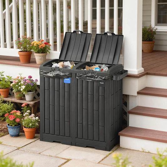 58 Gallon Double Outdoor Garbage Bin, Dual Lid, Plastic Waste Trash Can, Black Garden Accessories Black at Gallery Canada