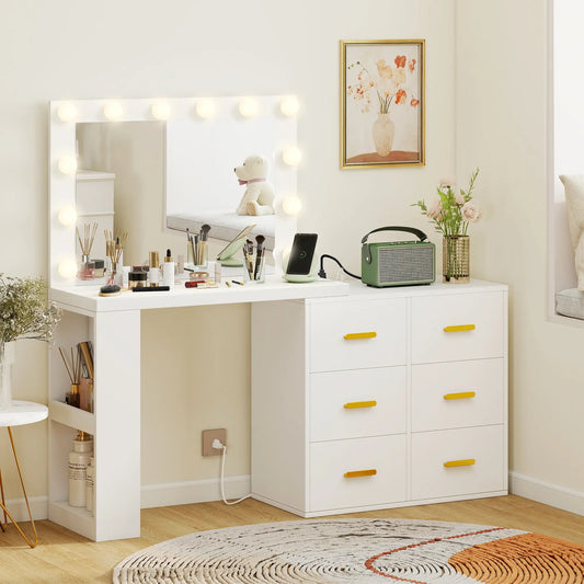 Vanity Desk with Mirror, LED Lights, Power Outlet, White Dressing & Vanity Tables White at Gallery Canada