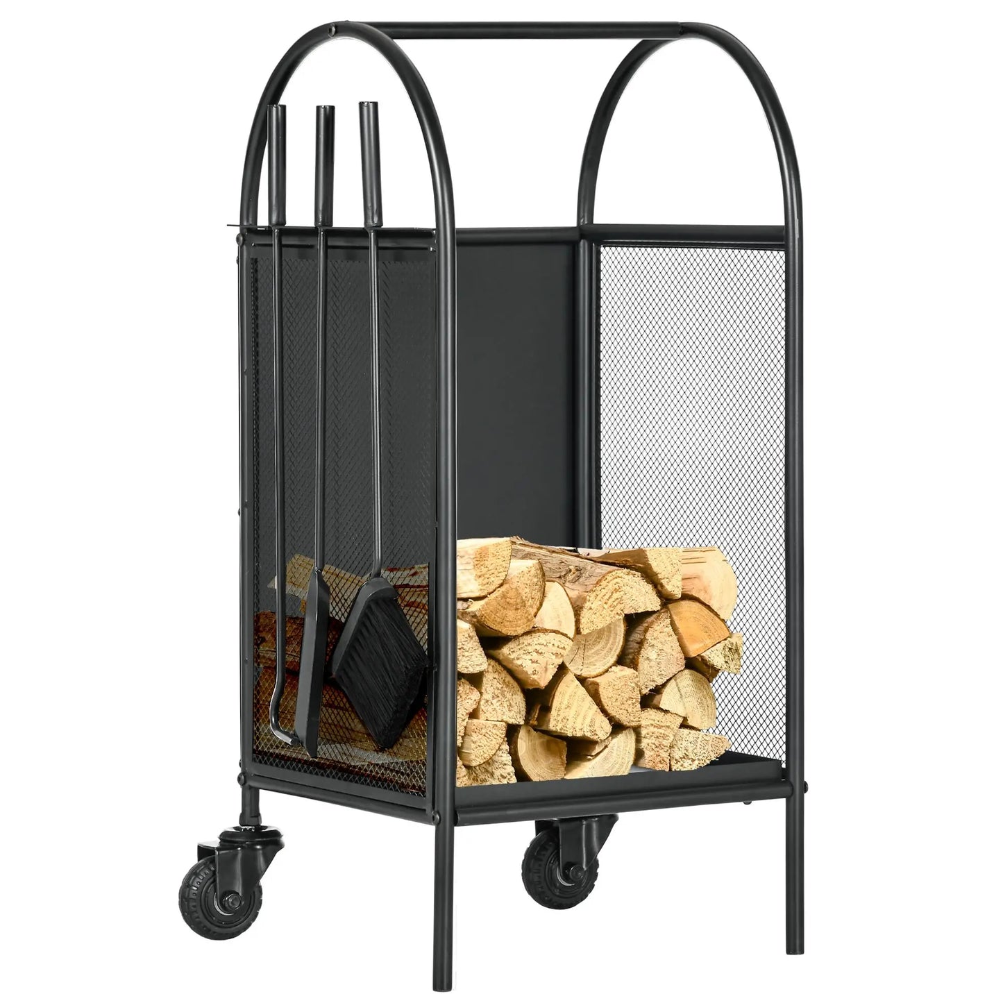 15" Outdoor Firewood Rack With Wheels, Heavy Duty Log Storage, Black Firewood Racks at Gallery Canada