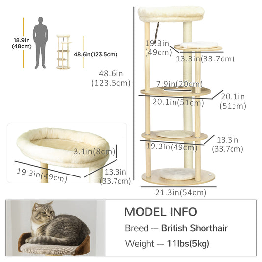 49" Cat Tree Multi-Level Kitty Tower with Scratching Post, Cat Bed, Perch, Cushion, Anti-toppling Device, Oak at Gallery Canada