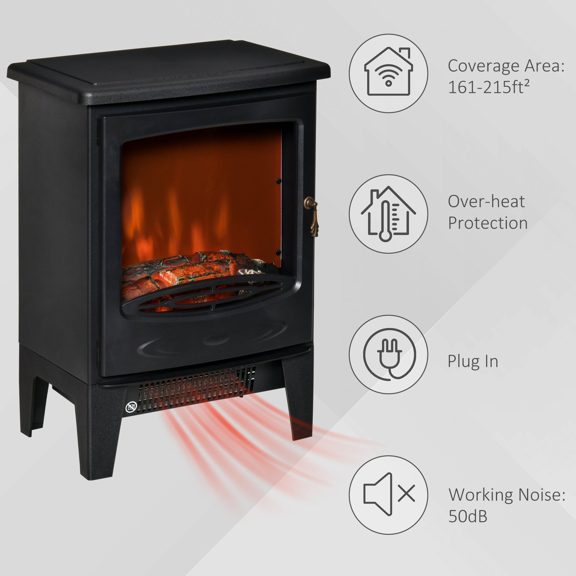 Electric Fireplace Stove, Free standing Fireplace Heater with Realistic Flame Effect, Overheat Safety Protection, 750W/1500W, Black at Gallery Canada