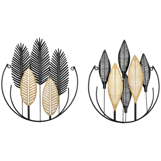 3D Metal Wall Art Set of 2 Modern Leaves Hanging Wall Sculpture Home Decor for Living Room Bedroom Kitchen 16"x18", Black Yellow - Gallery Canada