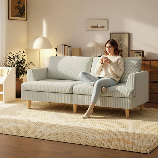3 Seater Sofa, 74" Corduroy Couch, Solid Wood Legs, Beige 3-Seater Sofas Beige at Gallery Canada
