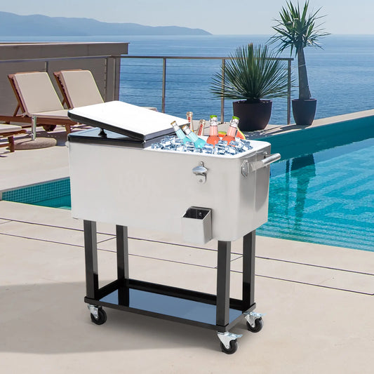 80 Quart Rolling Cooler Cart Portable Patio Ice Beer Beverage Cooling Bin for Outdoor Party w/ Bottle Opener &; Storage Shelf Silver Cooler Boxes Silver at Gallery Canada