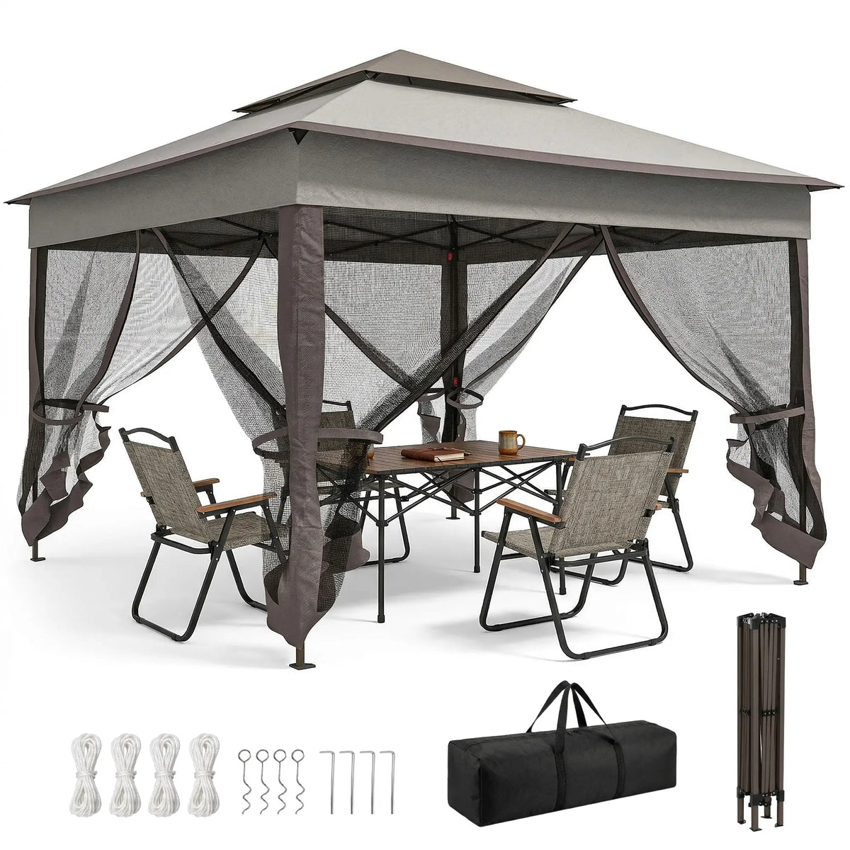 11' x 11' Pop Up Canopy, 2-Tier Soft Top Shelter Tent With Netting, Mixed Grey Pop Up Canopies at Gallery Canada