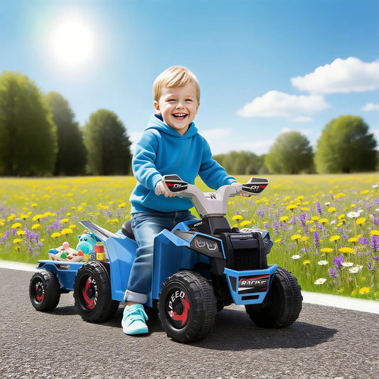 6V Kids ATV Quad, Battery Powered Electric Vehicle with Back Trailer, Wear-Resistant Wheels, Blue Electric Toy Cars Blue, Grey, Black at Gallery Canada