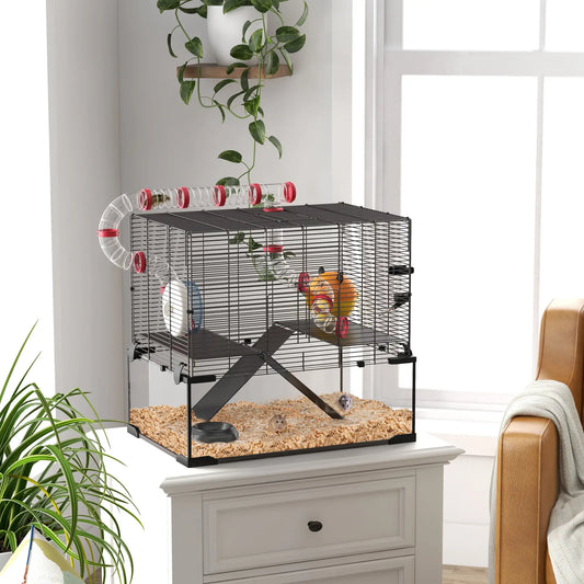 Cage pour Hamster, Fond en Verre Profond, Tube Tunnel, Plateformes, Cabane, Roue, Bouteille d'Eau, 24" x 16" x 22"