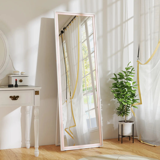 64" x 21" Full Length Mirror, Rectangular Frame, Standing, White and Pink
