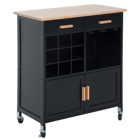 Portable Kitchen Trolley with Bamboo Top Storage Cabinet and Wine Rack (Black ) at Gallery Canada
