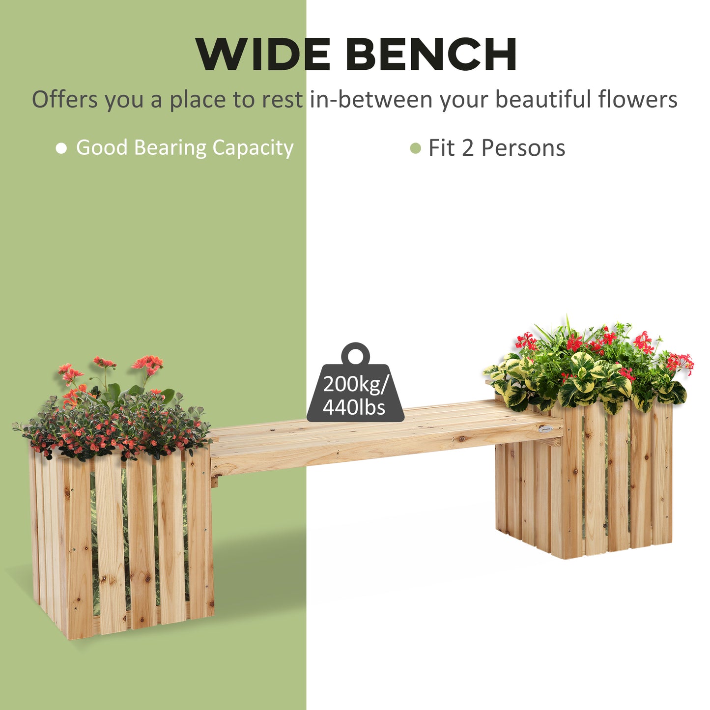 Outdoor Wooden Garden Stool Bench with 2 Planters, Natural Wood