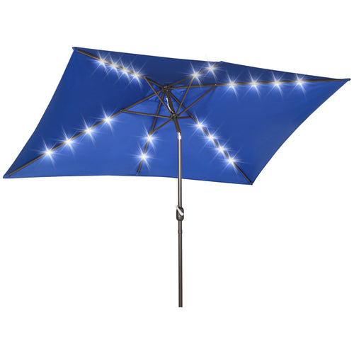 6.5x10ft Patio Umbrella Rectangle Solar Powered Tilt Aluminum Outdoor Market Parasol with LEDs Crank (Dark Blue)