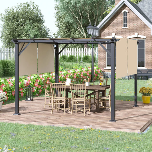 12' x 10' Outdoor Gazebo, Retractable Canopy, Steel Frame, Beige Pergolas Beige, Black at Gallery Canada