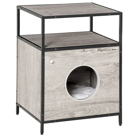 Wooden Cat House Kitty Shelter Bed with Washable Cushion and Open Shelf, Grey, 19" x 15.75" x 25.75" - Gallery Canada