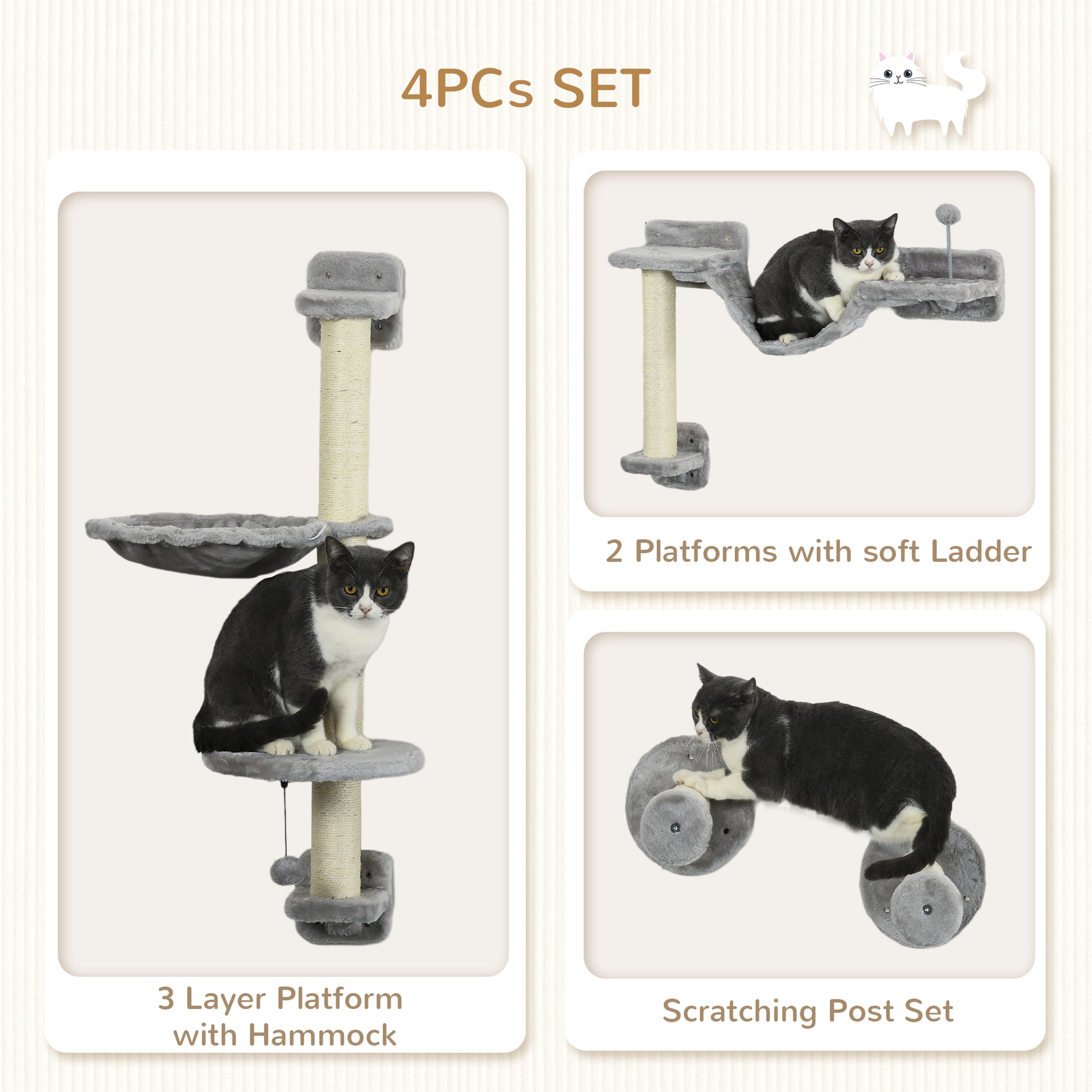 4PCs Cat Wall Shelves with Hammock, Scratching Post, Ladder, Steps, Platforms, Toy Balls, Grey at Gallery Canada