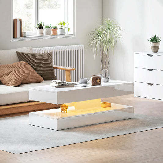 Adjustable LED Coffee Table, 2 Drawers, Open Shelf, Remote, High Gloss White, White