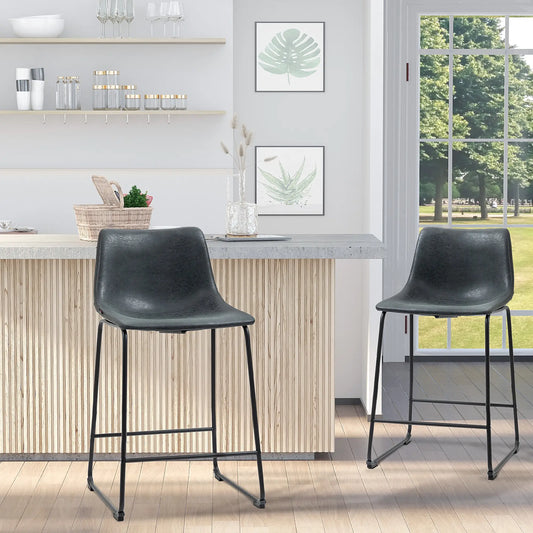 Vintage PU Leather Counter Height Bar Stools, Set of 2, Black Bar Stools Black at Gallery Canada