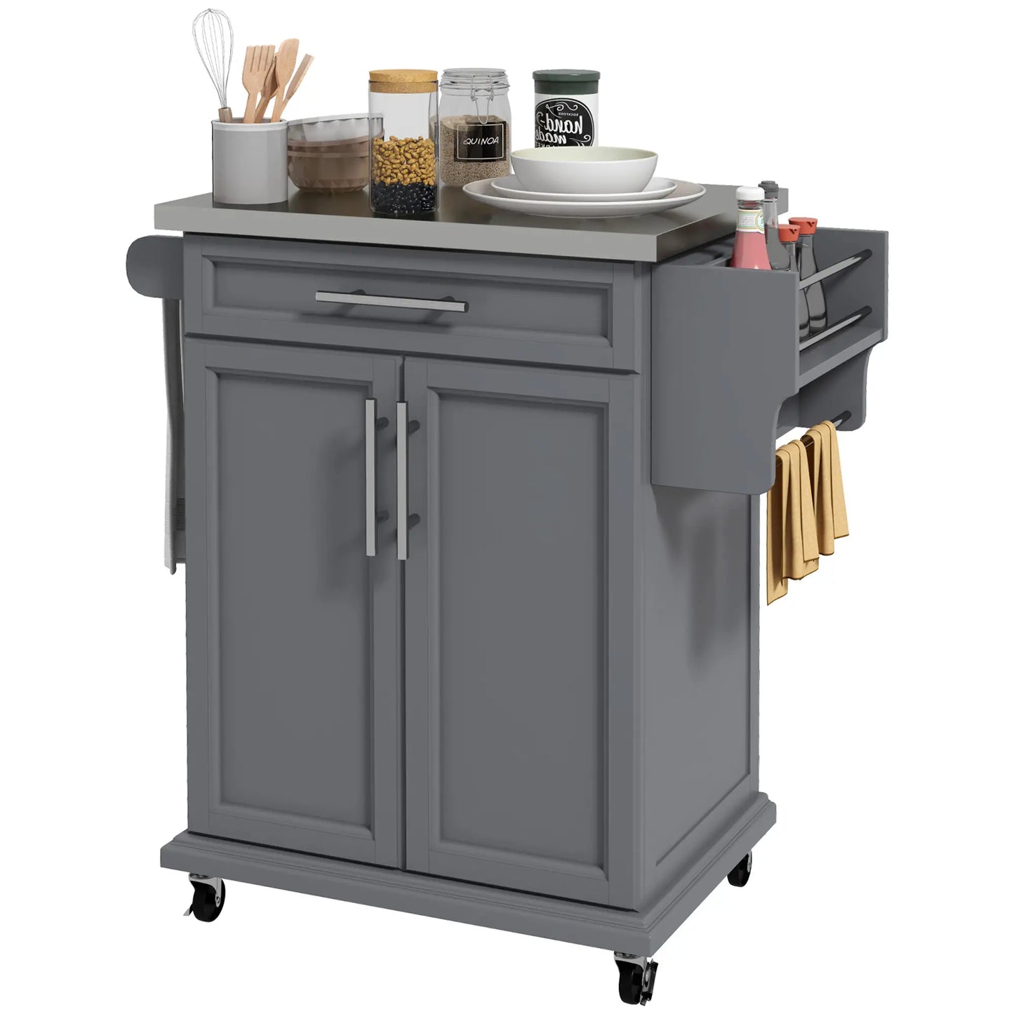 Kitchen Island, Stainless Steel Top, Rolling Cart with Drawer, Grey Kitchen Islands & Kitchen Carts at Gallery Canada