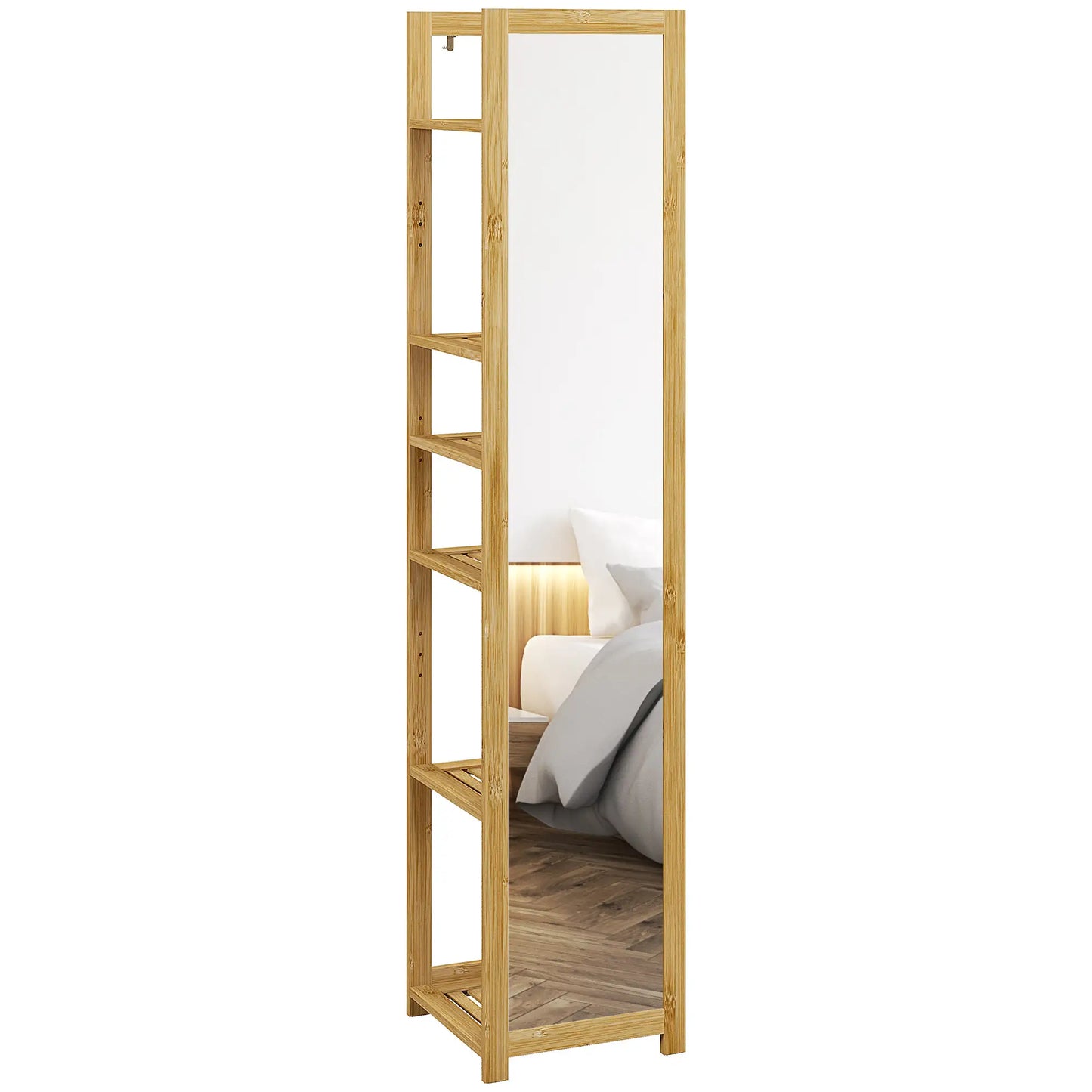 66" x 14" Standing Mirror, 6-Tier Shelf, Full Body Floor Mirror, Nature Wood Bathroom Cabinets at Gallery Canada