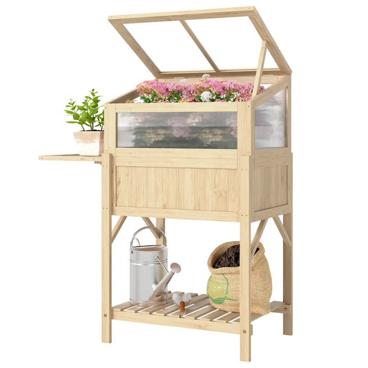 Raised Garden Bed Planter With Cold Frame, Wooden Elevated Planter Box With Folding Side Table And Shelf, Natural Wood Elevated Garden Beds at Gallery Canada