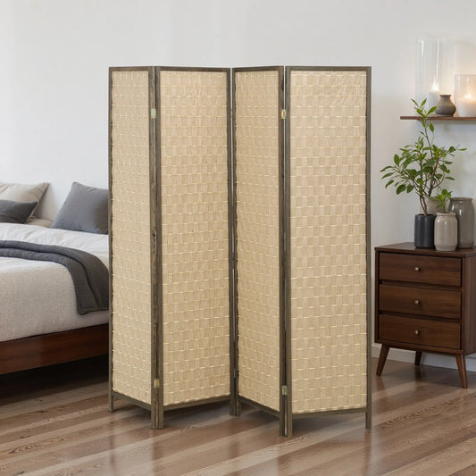 6 FT 4 Panel Folding Privacy Screen, Brown Room Divider, Brown