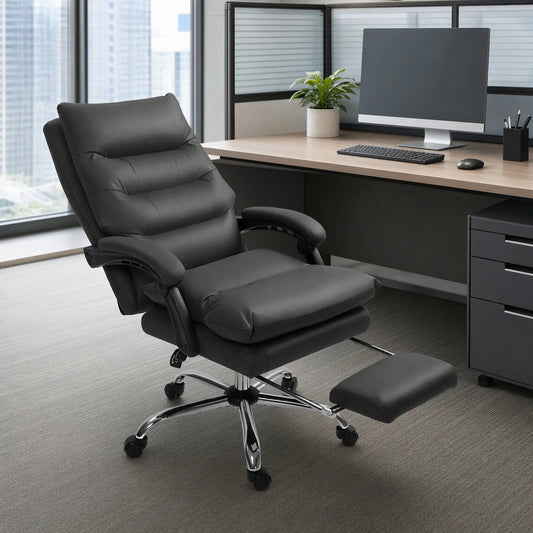 Executive Office Chair, 6 Point Massage and Heat, Microfibre Reclining with Footrest, Black Massage Chairs Black at Gallery Canada