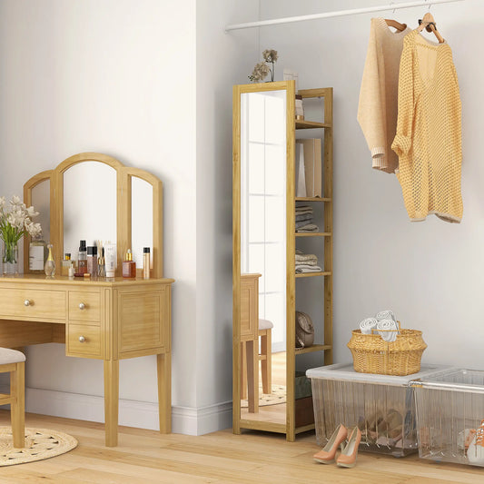 66" x 14" Standing Mirror, 6-Tier Shelf, Full Body Floor Mirror, Nature Wood