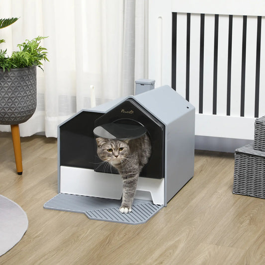 Hooded Cat Litter Box with Lid, Pull-Out Drawer, Scoop, Grey Cat Litter Box Enclosures Grey, white, black at Gallery Canada