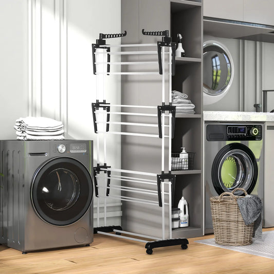 Foldable 4-Tier Steel Clothes Drying Rack, 2 Side Wings, 4 Castors, Black Bath Accessories Black, Silver at Gallery Canada