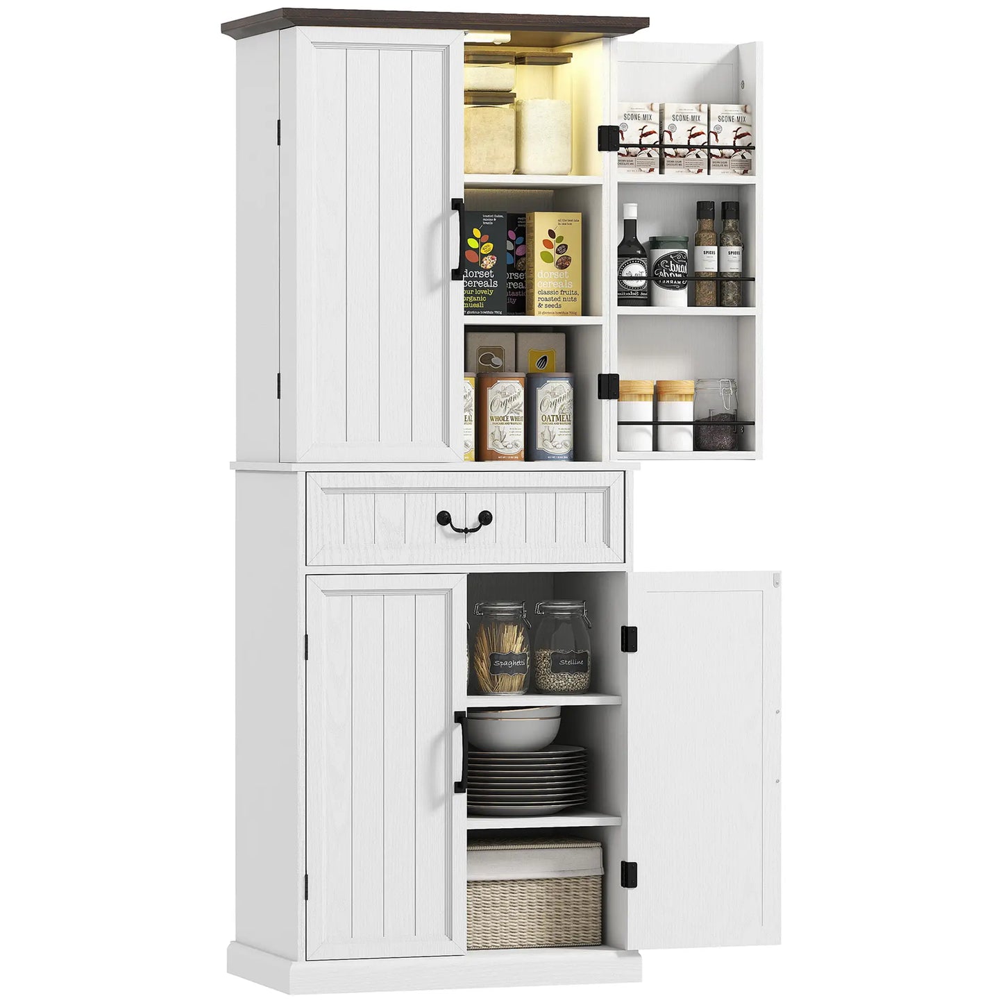 71" LED Kitchen Pantry Cabinet, Farmhouse Storage, Distressed White, White Kitchen Pantry Cabinets at Gallery Canada