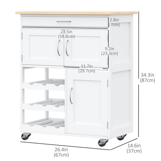 Rolling Kitchen Cart, Kitchen Island with Storage Drawer, 9-bottle Wine Rack, Door Cabinets, Wooden Countertop, White at Gallery Canada