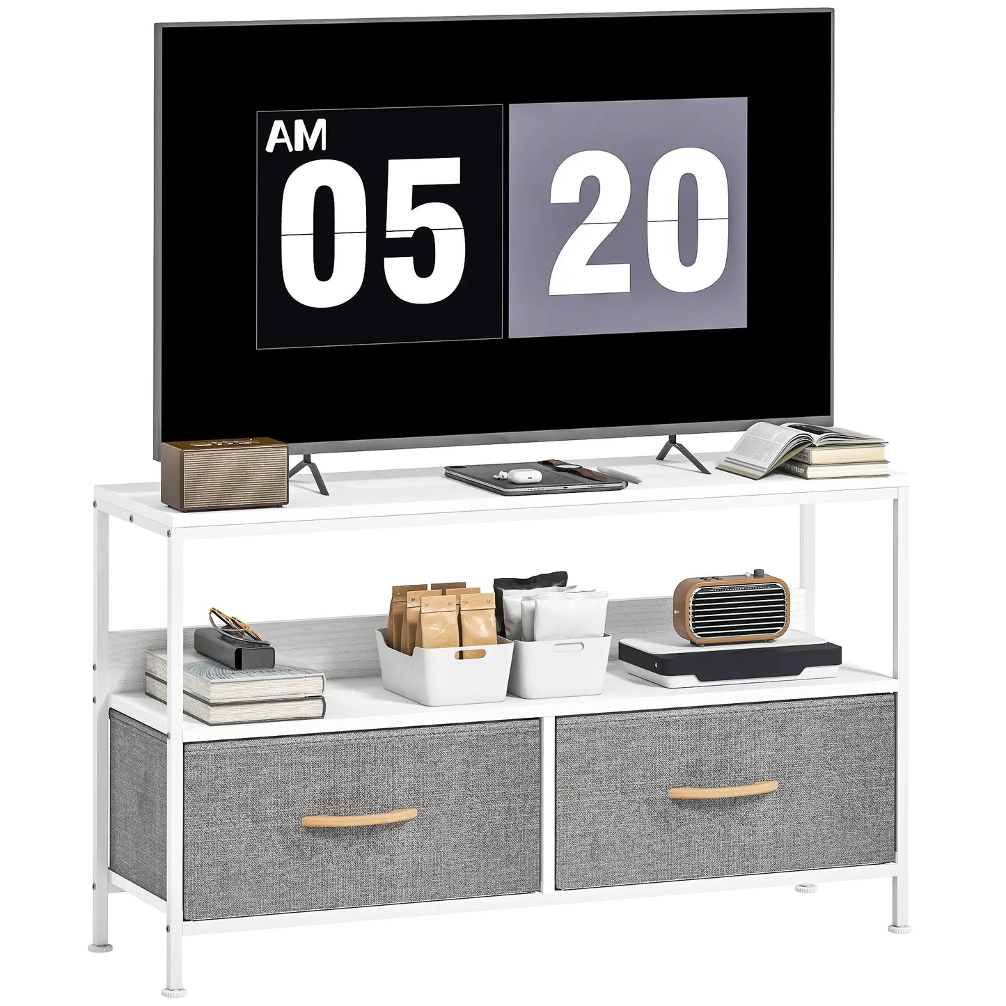TV Stand with Charging Station, 2 Foldable Drawers, Open Shelf, 47 Inch, White TV Stands at Gallery Canada